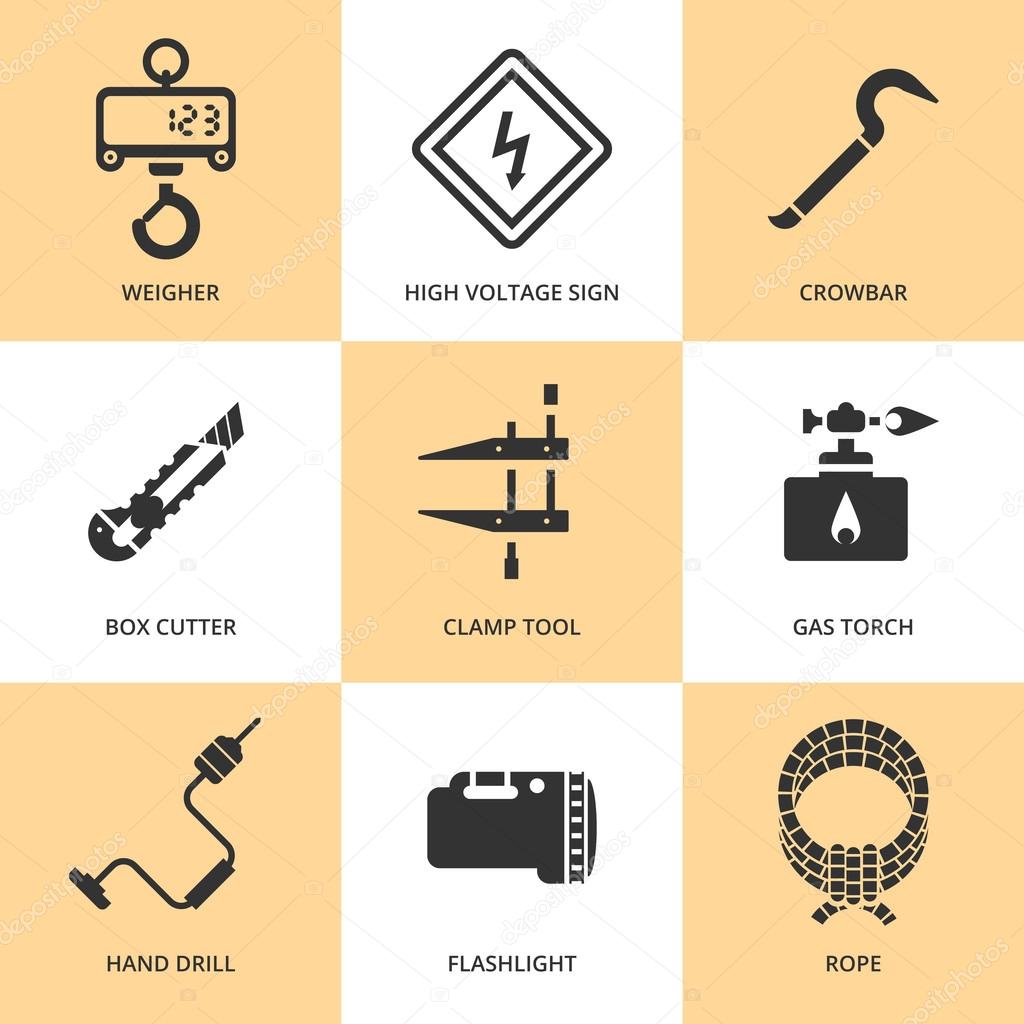 Trendy flat working tools icons black silhouettes