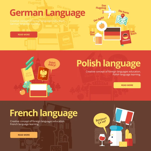 Bannières plates pour allemand, polonais, français. Concepts d'enseignement des langues étrangères pour les bannières Web et les documents imprimés . — Image vectorielle