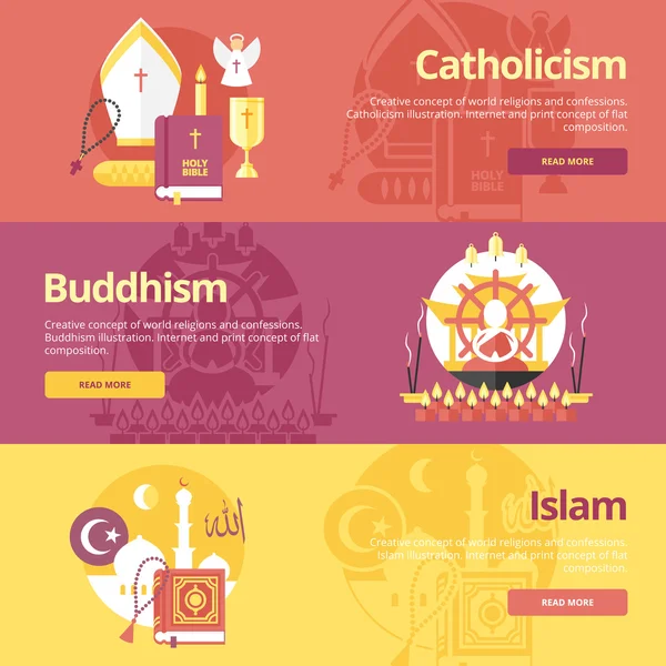 Platt design banner begrepp för islam, buddhism, katolicismen. Religion koncept för web banners och trycksaker. — Stock vektor