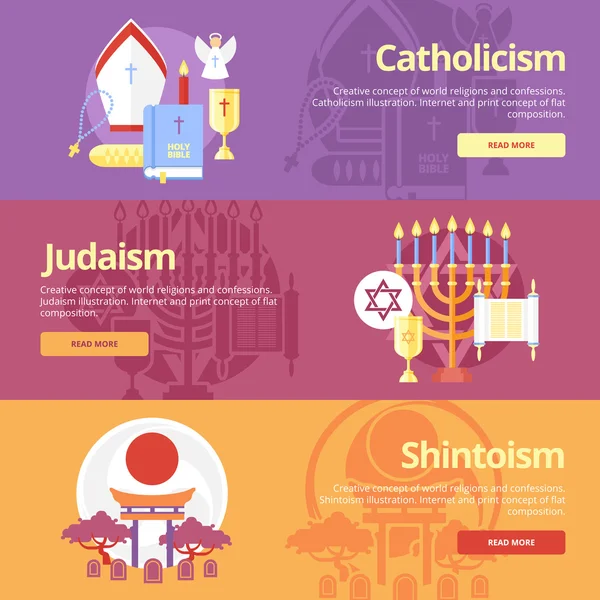 Lapos kivitel banner fogalmak a katolicizmus, a judaizmus, sintoizmus. Vallás-koncepciók web bannerek és nyomtatási anyagok. — Stock Vector