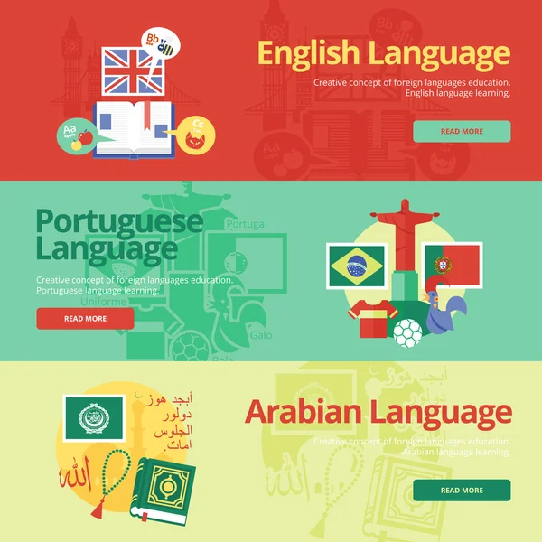 Flat design banners for english, portuguese, arabian. Foreign languages education concepts for web banners and print materials. — Stock Vector