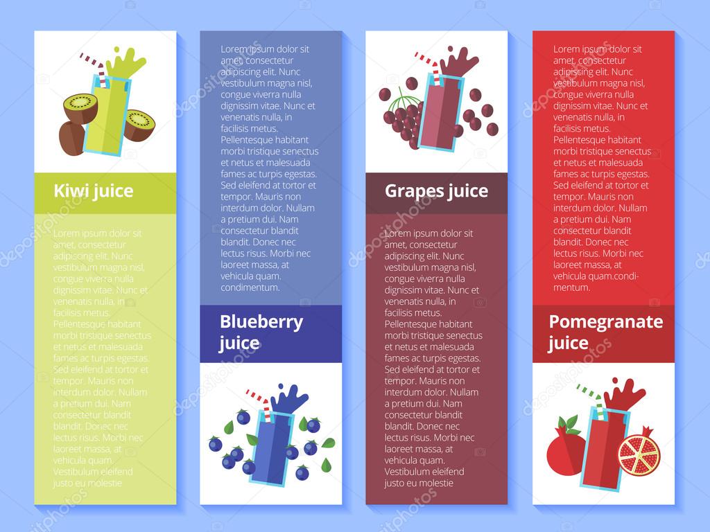 Fruit smoothie collection. Menu element for cafe or restaurant with energetic fresh drink made in flat style. Fresh juice for healthy life. Organic raw shakes.