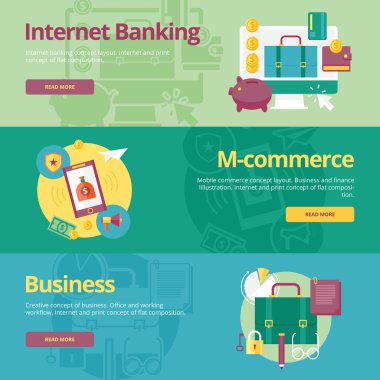Düz tasarım kavramları mobil bankacılık, e-ticaret, iş için kümesi. Kavramlar web afiş ve baskı malzemeleri için