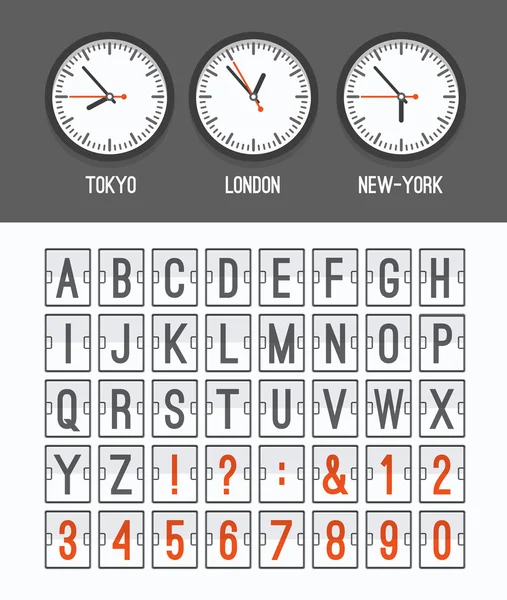 Flughafenankunftstabelle Alphabet mit Buchstaben und Zahlen für Abflüge, Ankünfte, Uhren, Countdowns. Vektorillustration. — Stockvektor