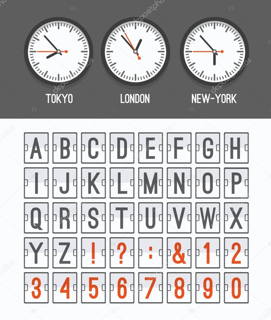 Airport arrival table alphabet with characters and numbers for departures, arrivals, clocks, countdowns. Vector illustration.