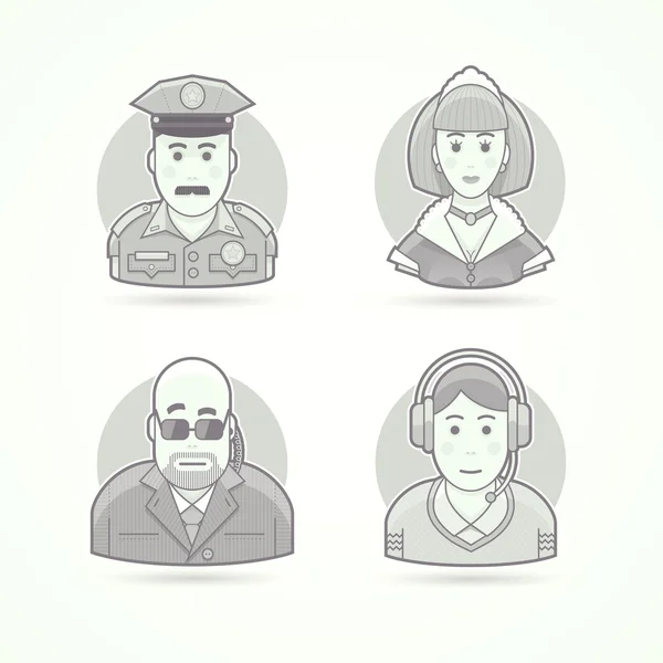 Police officer, maid, body guard, call operator icons. Avatar and person illustrations. Flat black and white outlined style. — Stock Photo, Image