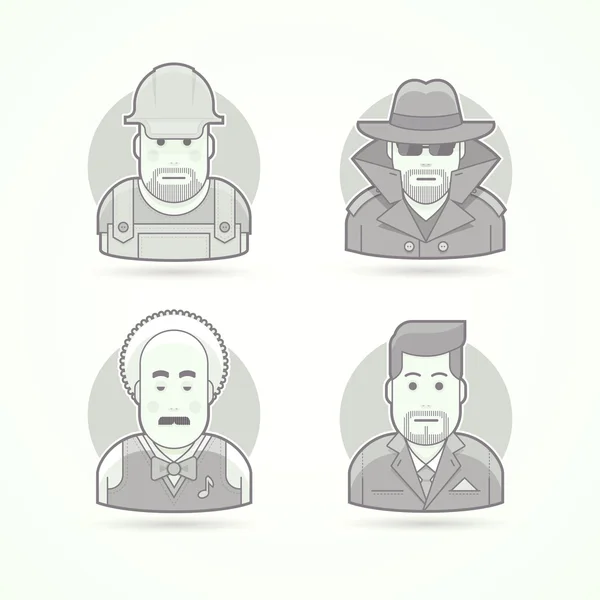 Worker, spy, musician and suit man icons. Avatar and person illustrations. Flat black and white outlined style. — Stock Photo, Image