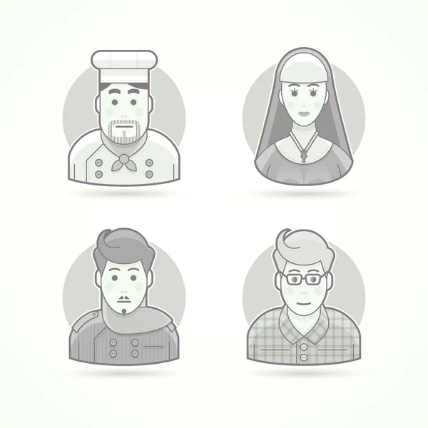 Koken, non, stylist en ontwerper pictogrammen. Avatar en persoon illustraties. Flat zwart-wit geschetst stijl. — Stockfoto