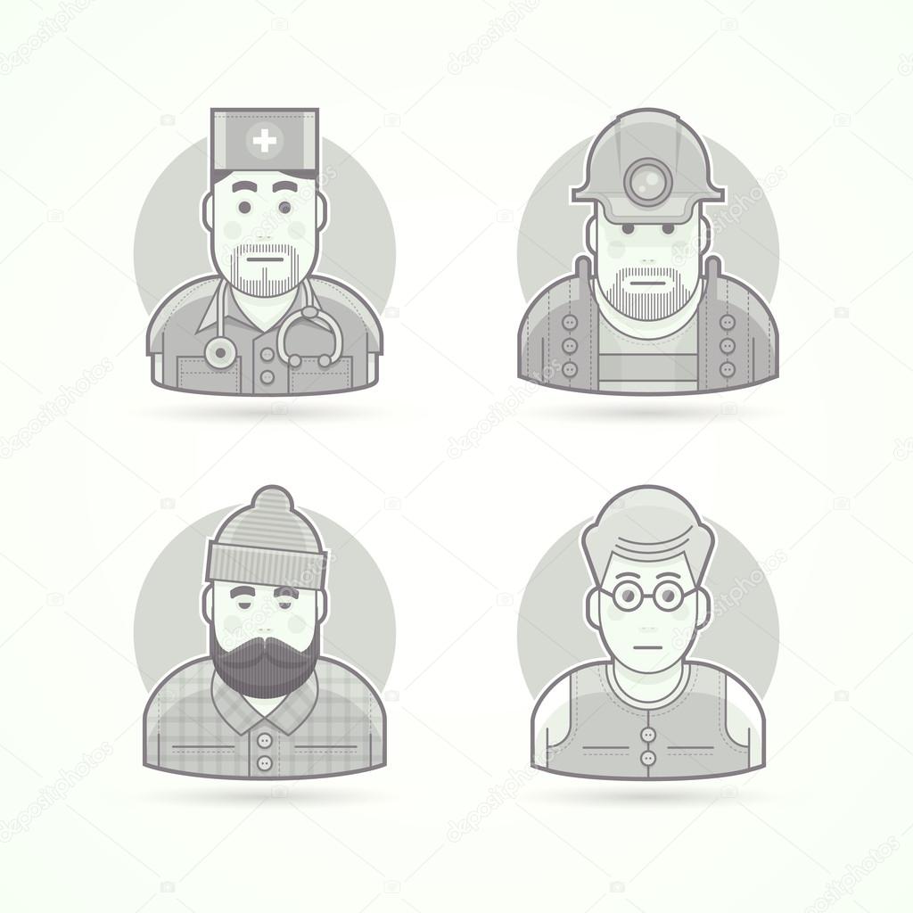 Profession icons set. Doctor, mines worker, lumberjack, teacher icons. Avatar and person illustrations. Flat black and white outlined style.