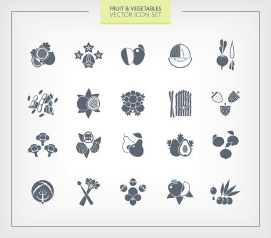 Meyve ve sebze Icon set. Wihte arka plan üzerinde siyah siluetleri.