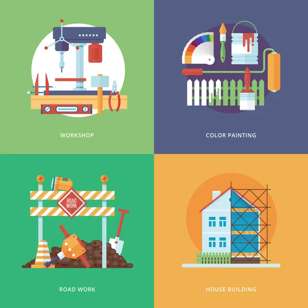 Vektör oluşturmak yoluyla, Bina ve web tasarımı ve mobil uygulamaları için geliştirme sanayi. Gösterim amacıyla metal Atölyesi, renk resim, yol çalışması ve konut yapı.