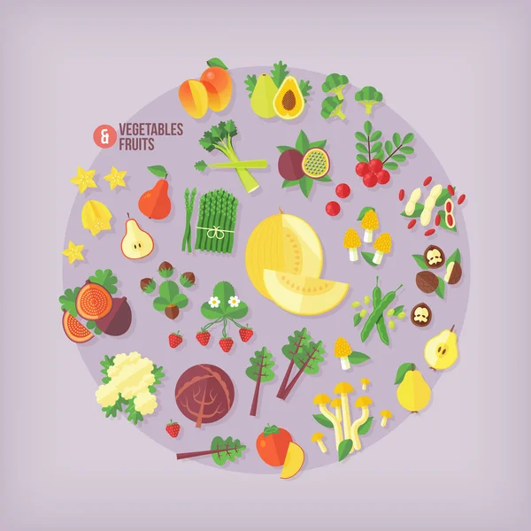 Koleksi ikon buah dan sayuran. Gaya modern datar . - Stok Vektor