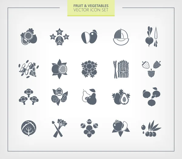 Gyümölcs- és zöldségfélék ikon készlet. Wihte háttér fekete sziluettek. — Stock Vector