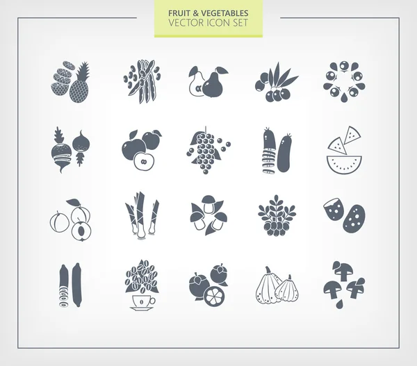 Obst und Gemüse Icon Set. schwarze Silhouetten auf breitem Hintergrund. — Stockvektor