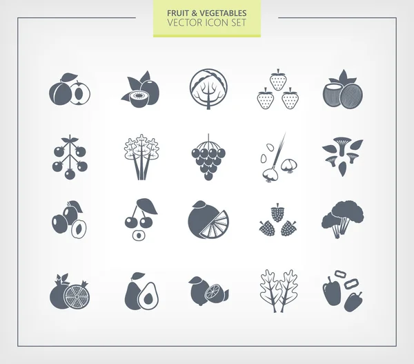 Conjunto de iconos de frutas y verduras. Siluetas negras sobre fondo wihte . — Vector de stock