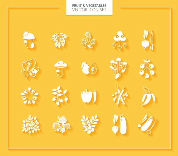 Conjunto de iconos de frutas y verduras. Siluetas blancas con sombras suaves . — Vector de stock