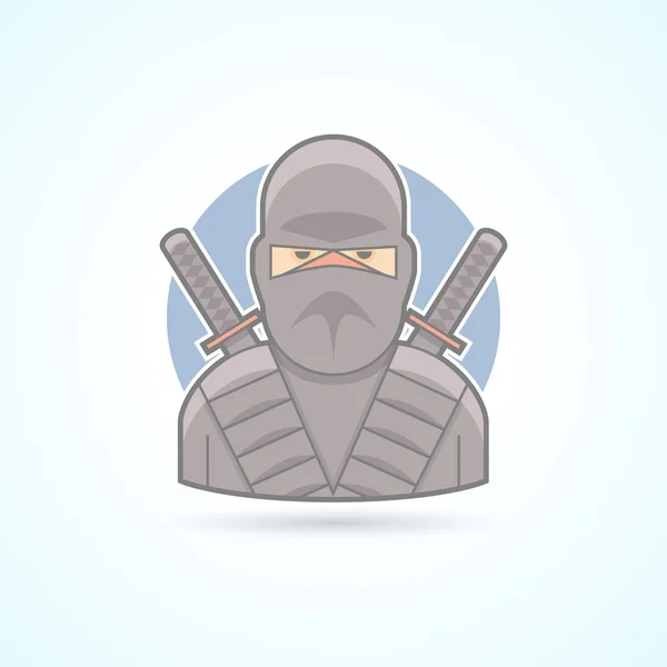Ninja, guerrero de la sombra, icono del espadachín. Ilustración de avatar y persona. Plano de color delineado estilo . — Vector de stock