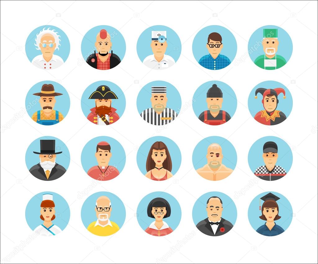 Persons icons collection. Icons set illustrating people occupations, lifestyles, nations and cultures.