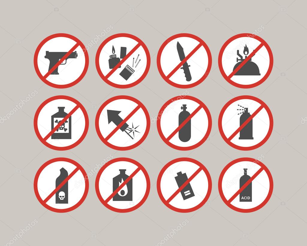 Prohibited luggage items. Airport restrictions. Dangerous stuff for airplane. Vector icons collection.