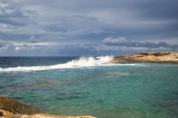 White Waves Crashing Rock Ocean Qawra Malta Stormy Day Royalty Free Stock Photos