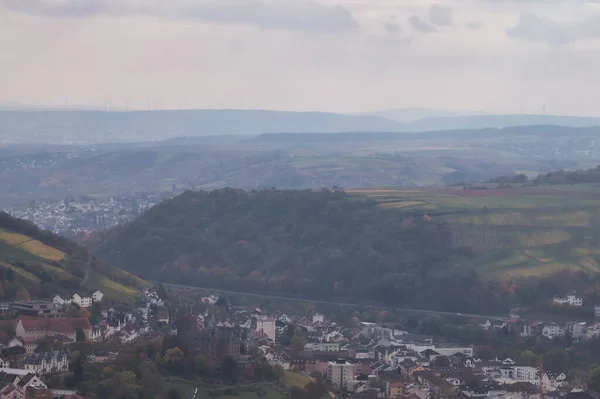 Luchtfoto Van Heuvels Dalen Duitsland Een Mistige Herfstdag — Stockfoto