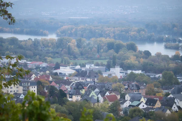 Gebäude Rüdesheim Rhein Deutschland Rhein Umgeben Von Bäumen Einem Nebligen — Stockfoto