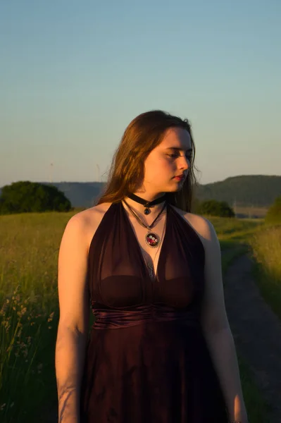 Sixteen Year Old Girl Wearing Maroon Dress Rural Germany Warm — Stock Photo, Image