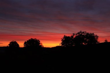 Potzbach, Almanya 'da bir sonbahar sabahında canlı, renkli bir gün doğumu.