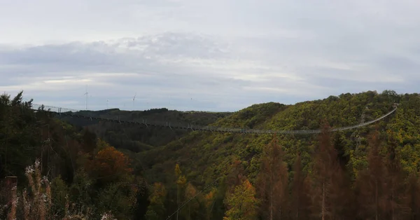 Pano Geierlay Suspension Bridge Μια Συννεφιασμένη Φθινοπωρινή Μέρα Κοντά Στο — Φωτογραφία Αρχείου