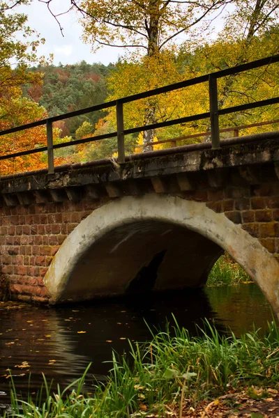 Train tracks on a bridge over the water at Walzweiher reservoir on a fall day near Kaiserslautern, Germany.