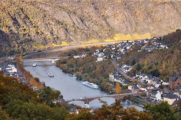 Boote Und Brücken Auf Der Mosel Bei Cochem Einem Herbsttag — Stockfoto