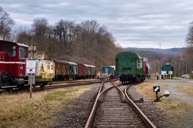 Ottweiler, Almanya - 12 Mart 2022: Almanya 'da bulutlu bir kış gününde Ostertalbahn' daki tain müzesinde tren yıkayan adam.