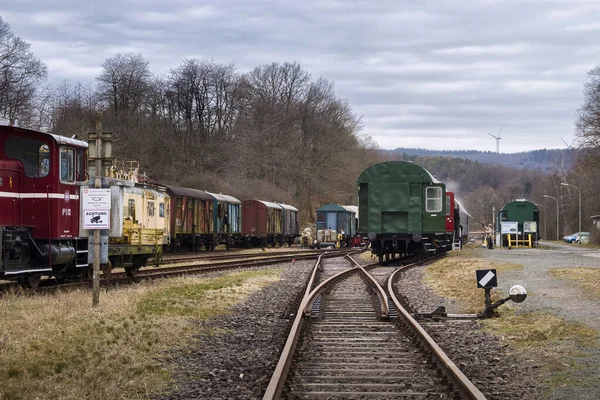 Ottweiler, Almanya - 12 Mart 2022: Almanya 'da bulutlu bir kış gününde Ostertalbahn' daki tain müzesinde tren yıkayan adam.