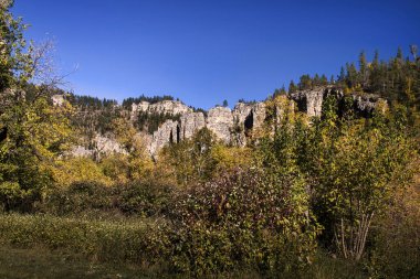Spearfish Kanyonu 'ndaki kayalıklar Güney Dakota' da güneşli bir sonbahar gününde. 