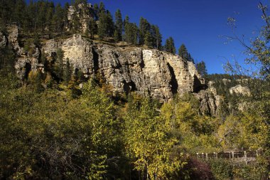 Güneşli bir sonbahar gününde, Güney Dakota Spearfish Kanyonu 'nda mavi gökyüzü olan köprünün üstündeki bir tepede kireçtaşı kayaları.. 