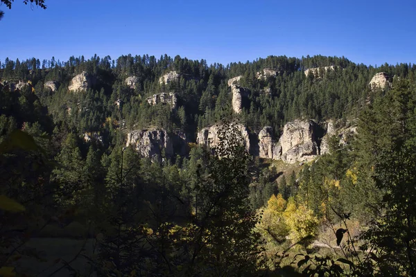 Spearfish Kanyonundaki kayalıkların etrafındaki yeşil ağaçlar Güney Dakota 'da güneşli bir sonbahar gününde.