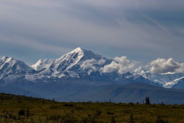 Delta Junction, Alaska yakınlarındaki bir yaz gününde karlı dağların önünde bulutlar.
