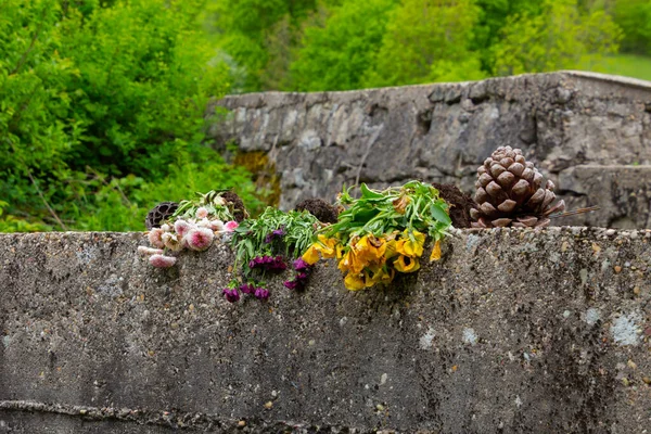 Wilted flowers laying on a concrete wall with copy space
