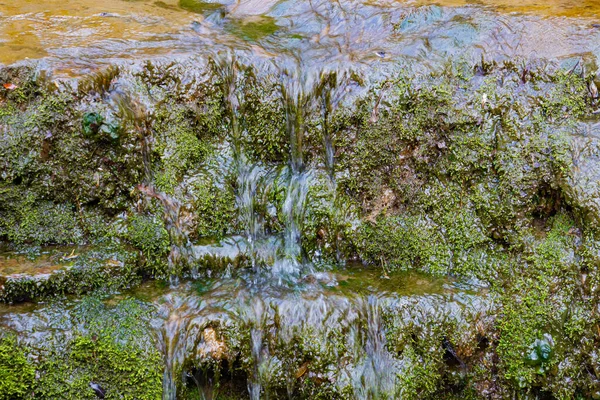 Вода Стекает Каскаду Покрытому Мхом — стоковое фото