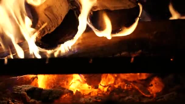 Detailní záběr záběry požáru dříví v krbu doutnající uhlí — Stock video