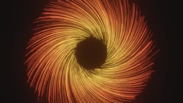 Abstract background of orange particle wave lines diverge from black circle in the center — Vídeo de Stock