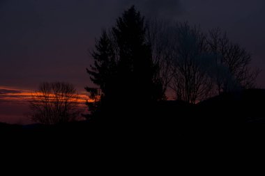 Kırsalda gün batımı. Ağaç siluetleri ve bacadan çıkan dumanlar.