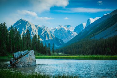 a lone rock in the lake