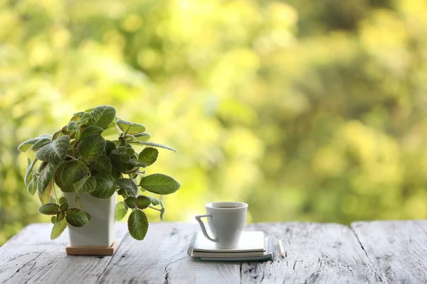 White coffee cup with plant and notebook on wooden table at outdoor