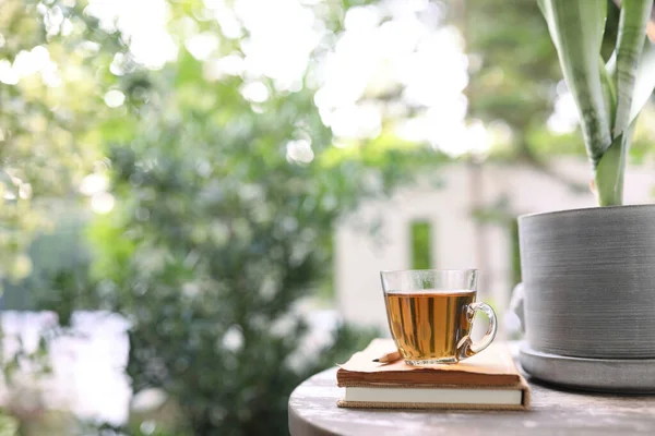 Chá Vermelho Vidro Transparente Com Vaso Plantas Notebook — Fotografia de Stock