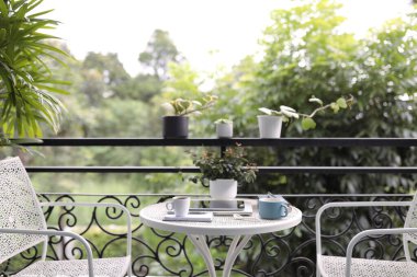 Tabletli mavi ve beyaz kahve fincanı ve balkon manzaralı saksı.