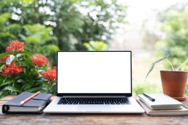 Dizüstü bilgisayar, defter, defterler, bahçede çalışmak.