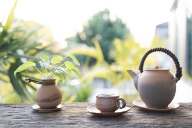 Eski toprak çanak çömlek çay seti ve saksı bitkisi eski ahşap masaya dizilmiş.