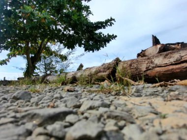 Buntal, Sarawak Malezya - 25 Aralık 2020: Sarawak Malezya 'daki Güzel Balıkçı Köyü, Güney Çin Denizi' nin yanında, arka planda güçlü Santubong Dağı var.