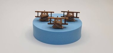 Tahtadan yapılmış küçük ahşap uçak modellerinin yaratıcı çekimlerini kapat. Boyutları yaklaşık 3 cm X 2 cm.